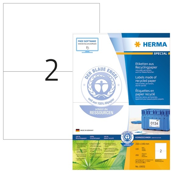 HERMA 10832 Etiketten A4 210x148 mm weiß Recyclingpapier matt Bl