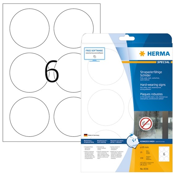 HERMA 8336 Schilder strapazierfähig A4 Ø 85 mm rund weiß stark h