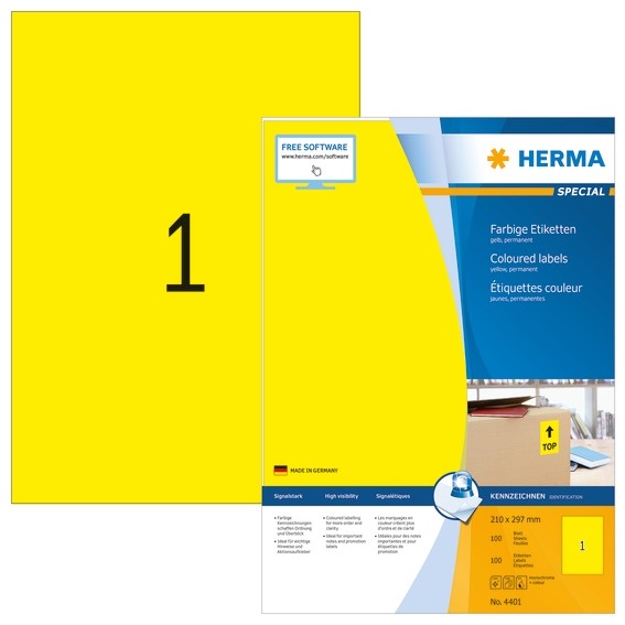 HERMA 4401 Farbige Etiketten A4 210x297 mm gelb Papier matt 100