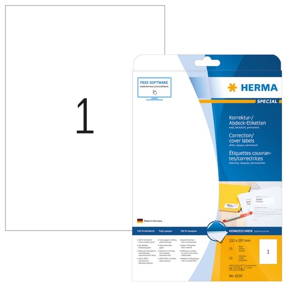 HERMA 4230 Korrektur-/Abdecketiketten A4 210x297 mm weiß Papier