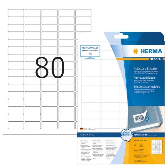 HERMA 10003 Ablösbare Etiketten A4 35,6x16,9 mm weiß Movables/ab