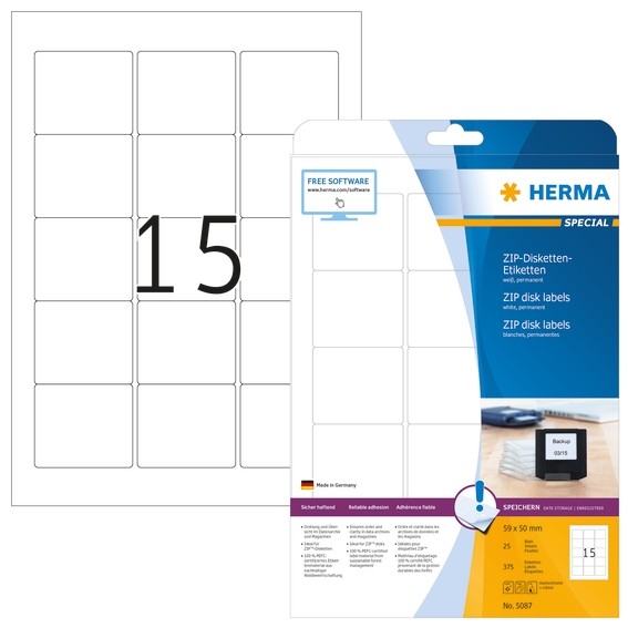 HERMA 5087 ZIP-Disk-Etiketten A4 59x50 mm weiß Papier matt 375 S