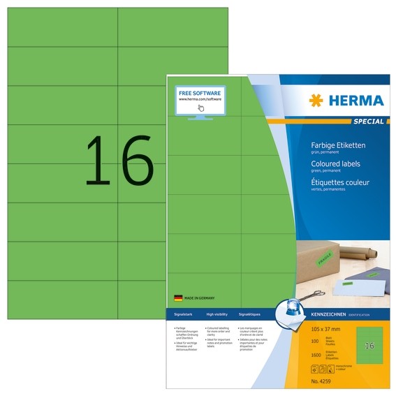 HERMA 4259 Farbige Etiketten A4 105x37 mm grün Papier matt 1600
