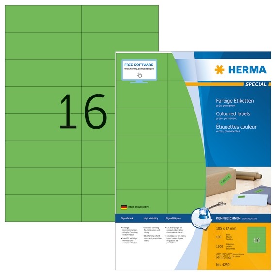 HERMA 4259 Farbige Etiketten A4 105x37 mm grün Papier matt 1600