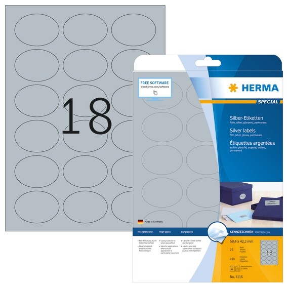 HERMA 4116 Etiketten A4 58,4x42,3 mm silber oval Folie glänzend