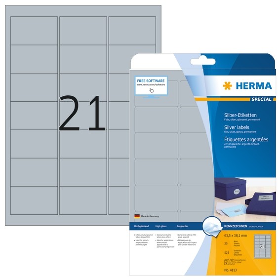 HERMA 4113 Etiketten A4 63,5x38,1 mm silber Folie glänzend 525 S