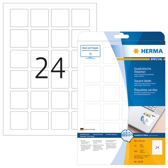 HERMA 10108 Ablösbare Etiketten A4 40x40 mm weiß quadratisch Mov