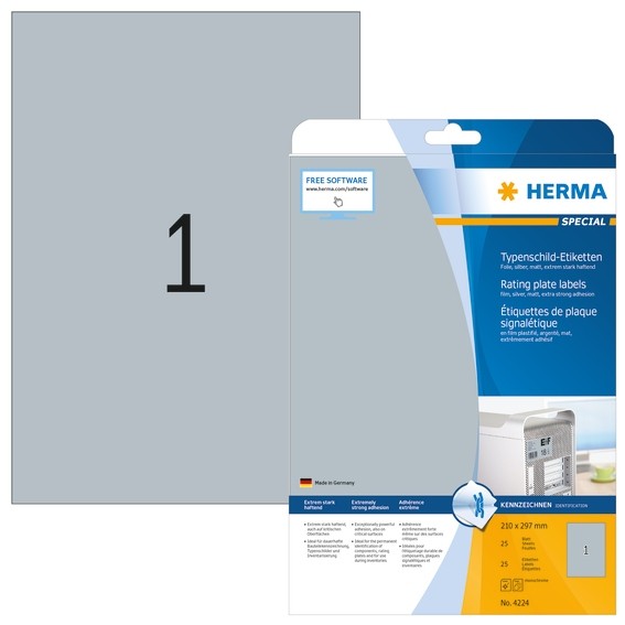 HERMA 4224 Typenschildetiketten A4 210x297 mm silber extrem star