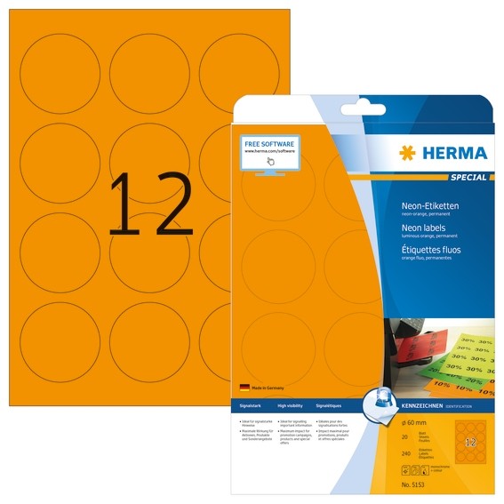 HERMA 5153 Neonetiketten A4 Ø 60 mm rund neon-orange Papier matt