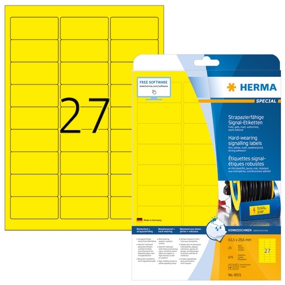 HERMA 8031 Signal-Etiketten strapazierfähig A4 63,5x29,6 mm gelb