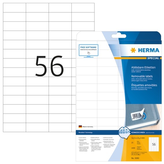 HERMA 5080 Ablösbare Etiketten A4 52,5x21,2 mm weiß Movables/abl