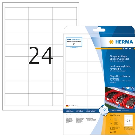 HERMA 4573 Wetterfeste Folien-Etiketten A4 66,0x33,8 mm ablösbar