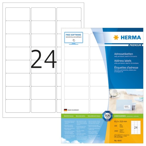HERMA 4645 Adressetiketten Premium A4 63,5x33,9 mm weiß Papier m