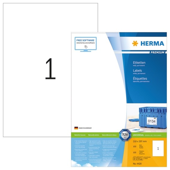 HERMA 4428 Etiketten Premium A4 210x297 mm weiß Papier matt 100