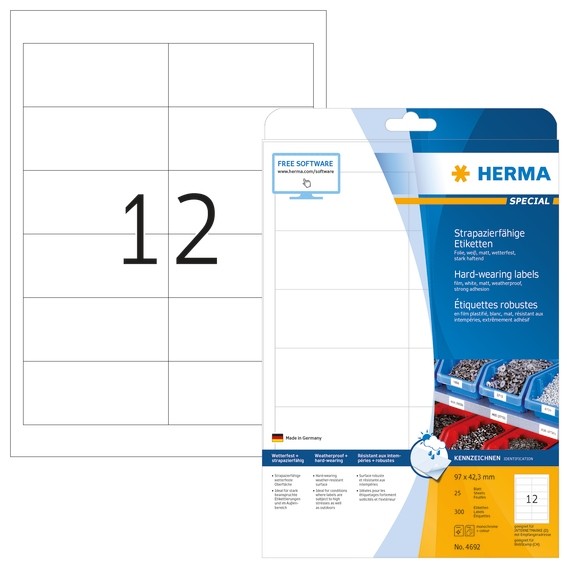 HERMA 4692 Etiketten strapazierfähig A4 97x42,3 mm weiß stark ha