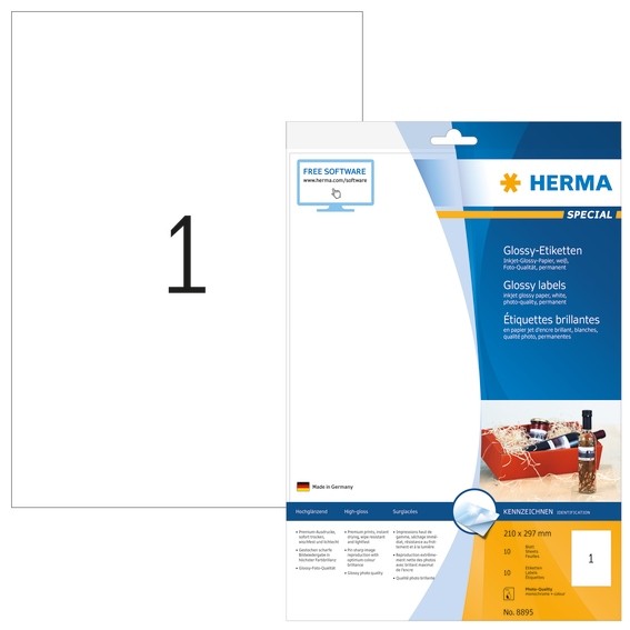 HERMA 8895 Inkjet-Etiketten A4 210x297 mm weiß Papier glänzend 1