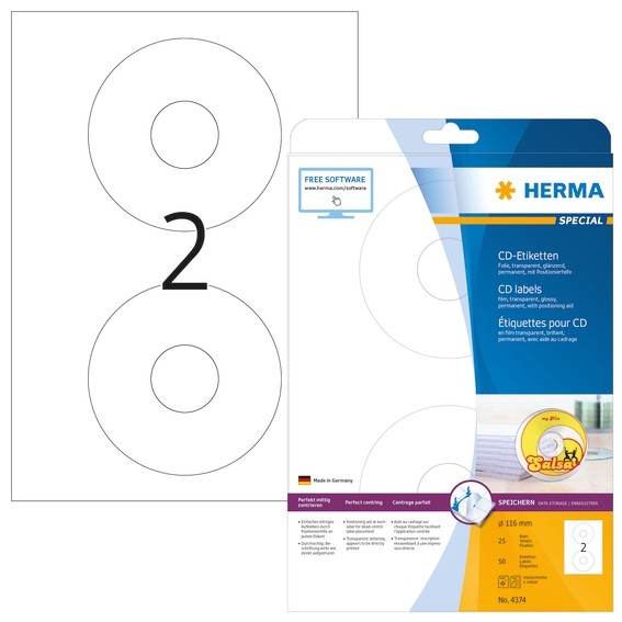 HERMA 4374 CD-Etiketten A4 Ø 116 mm transparent Folie glänzend 5