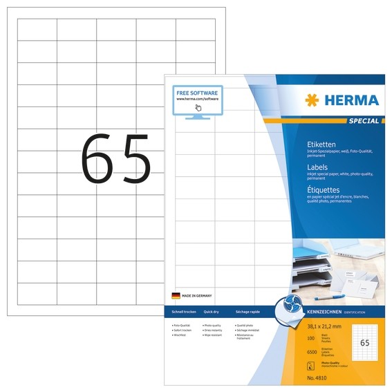 HERMA 4810 Inkjet-Etiketten A4 38,1x21,2 mm weiß Papier matt 650