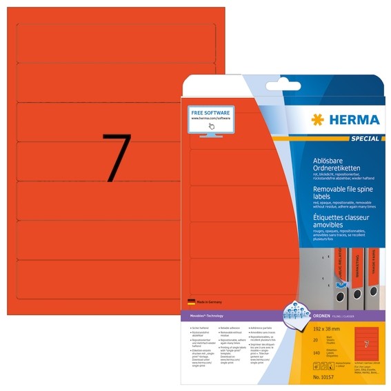 HERMA 10157 Ablösbare Ordneretiketten A4 192x38 mm rot Movables/