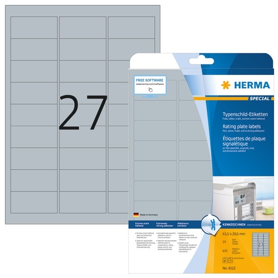 HERMA 4222 Typenschildetiketten A4 63,5x29,6 mm silber extrem st