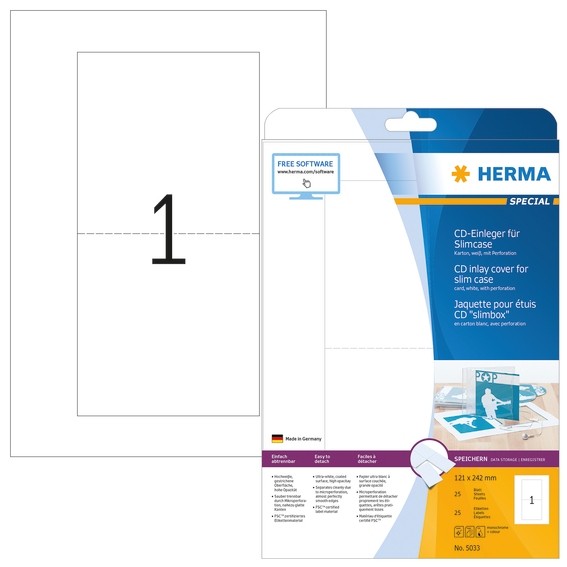 HERMA 5033 CD-Einleger für Slimcase A4 121x242 mm weiß Karton pe