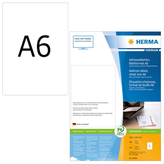 HERMA 8689 Adressetiketten Premium Blattformat A6 105x148 mm wei