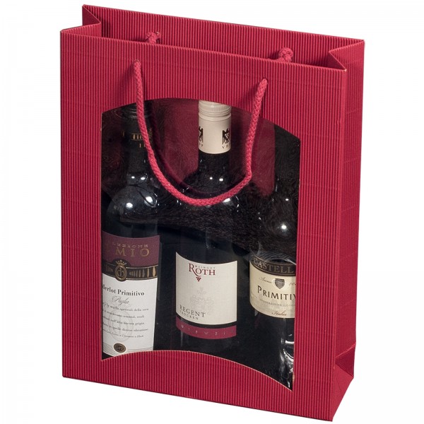 Geschenk-Flaschentasche für 3 Weinflaschen mit Sichtfenster Bordeaux