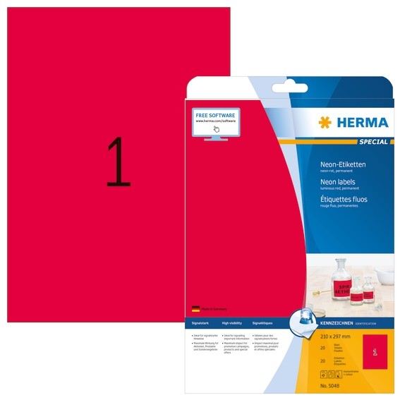 HERMA 5048 Neonetiketten A4 210x297 mm neon-rot Papier matt 20 S