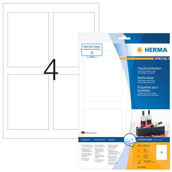 HERMA 8882 Flaschenetiketten A4 Inkjet 90x120 mm weiß Papier glä