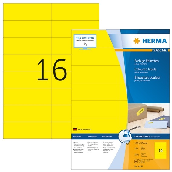 HERMA 4256 Farbige Etiketten A4 105x37 mm gelb Papier matt 1600