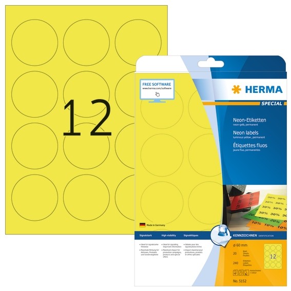 HERMA 5152 Neonetiketten A4 Ø 60 mm rund neon-gelb Papier matt 2