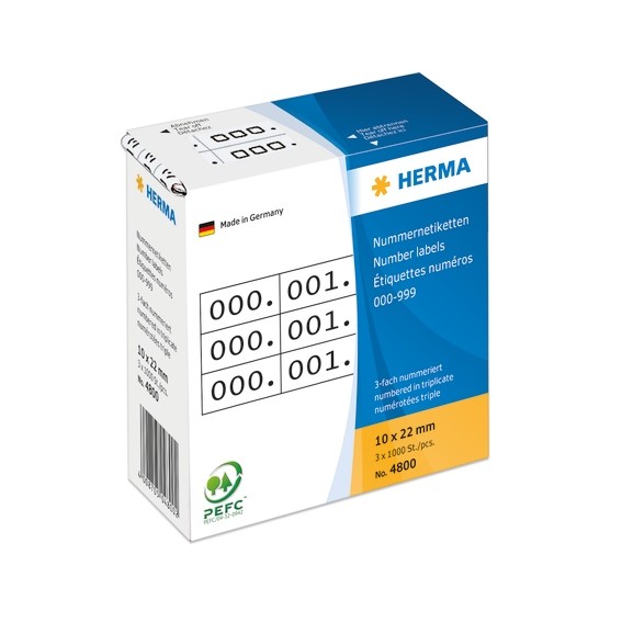 HERMA 4800 Nummernetiketten dreifach selbstklebend 10x22 mm weiß