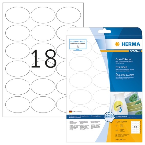 HERMA 4358 Ablösbare Etiketten A4 63,5x42,3 mm weiß oval Movable