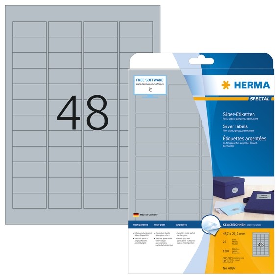 HERMA 4097 Etiketten A4 45,7x21,2 mm silber Folie glänzend 1200