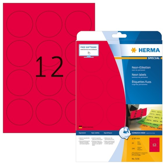 HERMA 5156 Neonetiketten A4 Ø 60 mm rund neon-rot Papier matt 24