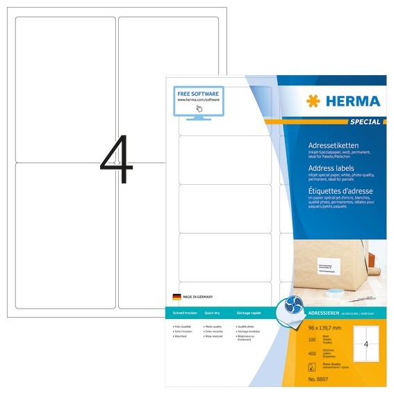 HERMA 8807 Inkjet Adressetiketten A4 96x139,7 mm weiß Papier mat