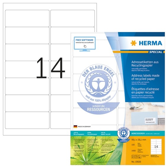 HERMA 10826 Adressetiketten A4 99,1x38,1 mm weiß Recyclingpapier