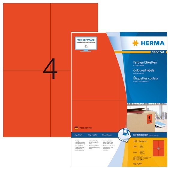 HERMA 4397 Farbige Etiketten A4 105x148 mm rot Papier matt 400 S