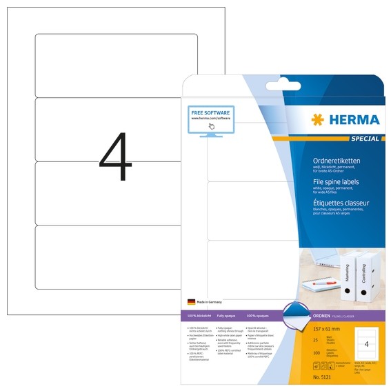 HERMA 5121 Ordneretiketten A4 157x61 mm für A5-Ordner weiß Papie