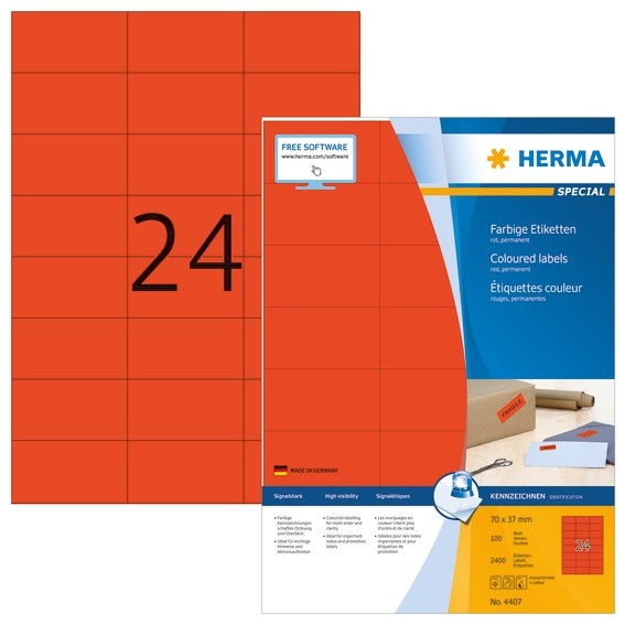 HERMA 4407 Farbige Etiketten A4 70x37 mm rot Papier matt 2400 St