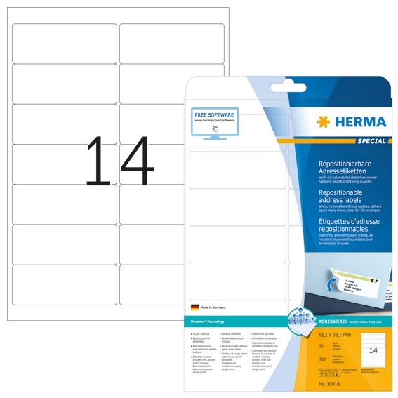 HERMA 10016 Repositionierbare Adressetiketten A4 99,1x38,1 mm we