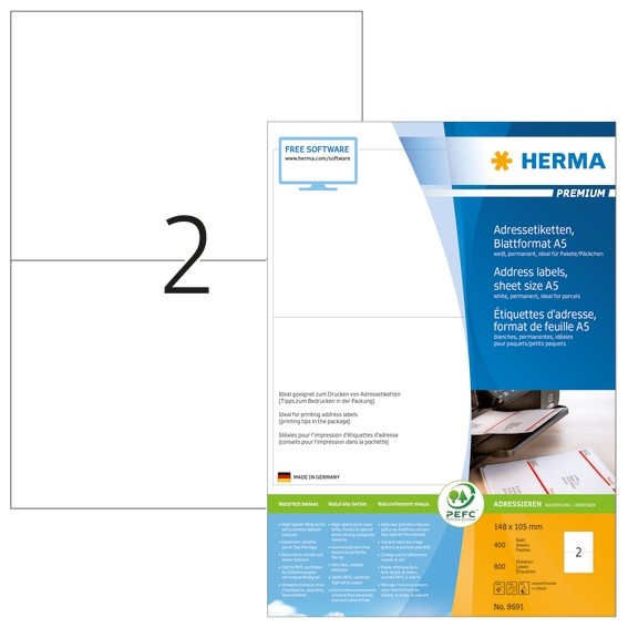 HERMA 8691 Adressetiketten Premium Blattformat A5 105x148 mm wei