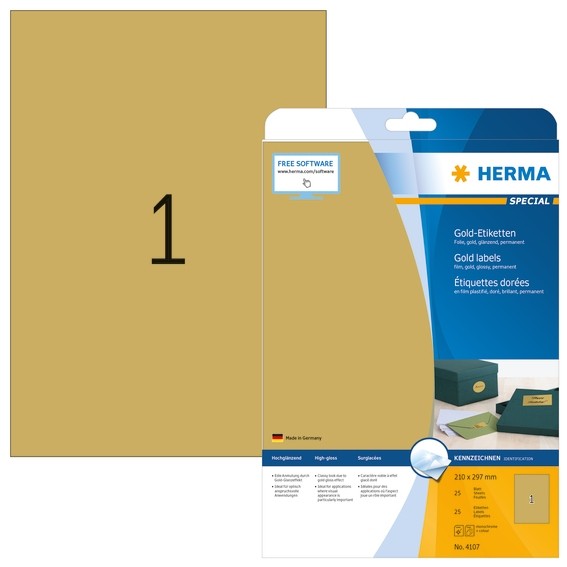 HERMA 4107 Etiketten A4 210x297 mm gold Folie glänzend 25 St.