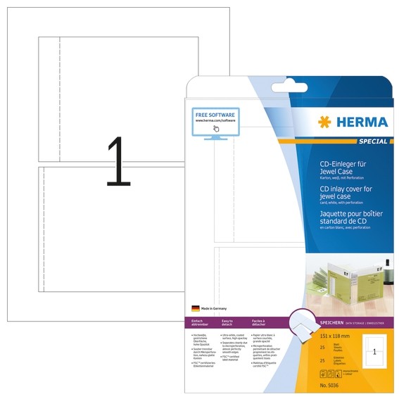 HERMA 5036 CD-Einleger für Jewelcase A4 151x118 mm weiß Karton p