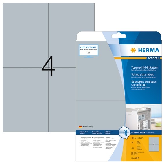 HERMA 4216 Typenschildetiketten A4 105x148 mm silber extrem star