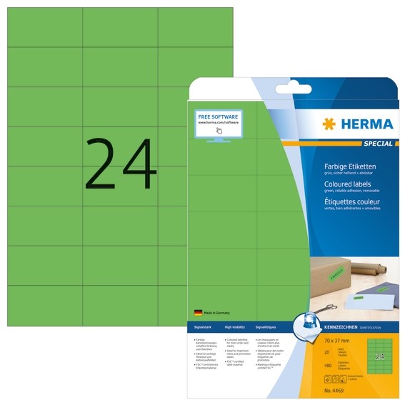 HERMA 4469 Farbige Etiketten A4 70x37 mm grün ablösbar Papier ma