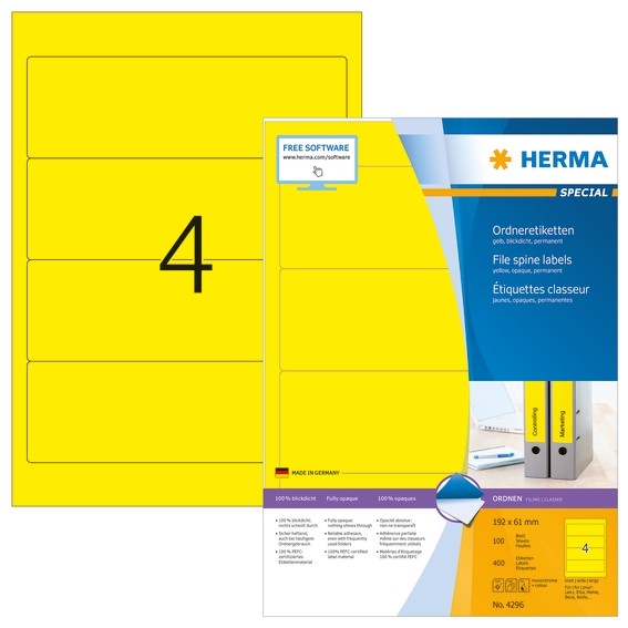 HERMA 4296 Ordneretiketten A4 192x61 mm gelb Papier matt blickdi