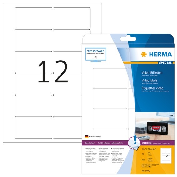 HERMA 5070 Video-Etiketten A4 78,7x46,6 mm weiß Papier matt 300
