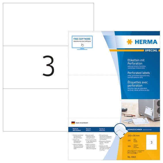 HERMA 4664 Etiketten A4 210x99 mm weiß perforiert Papier matt 30