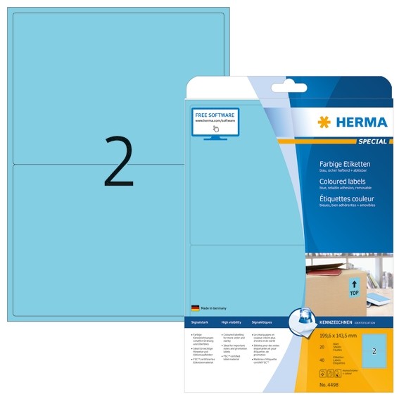 HERMA 4498 Farbige Etiketten A4 199,6x143,5 mm blau ablösbar Pap